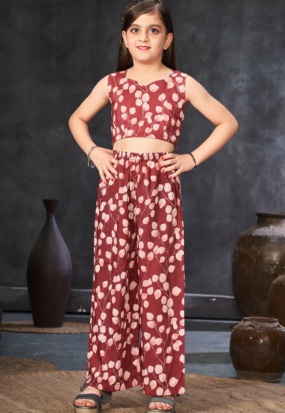 Digital Printed Muslin Cotton Crop Top Set in Maroon