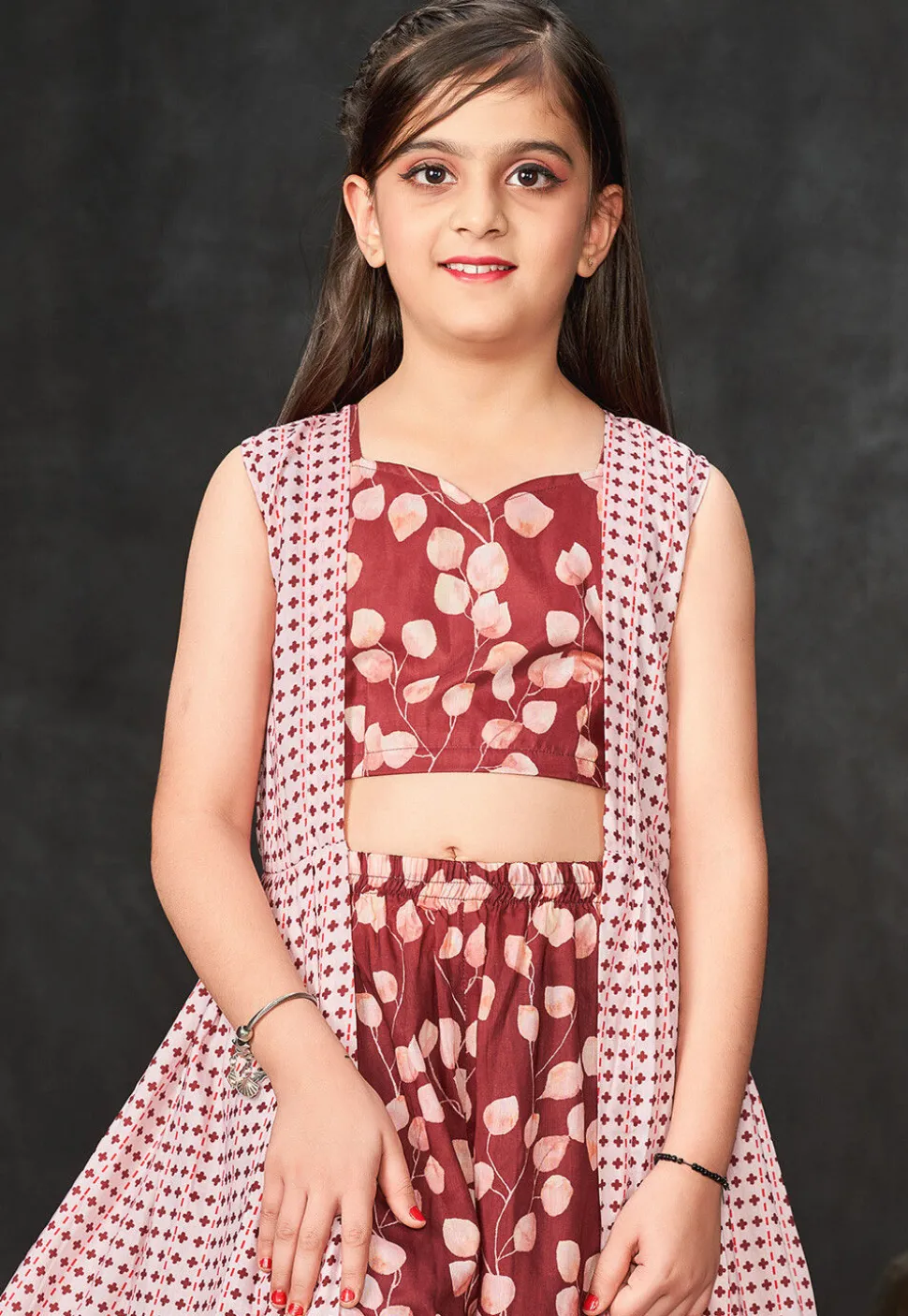 Digital Printed Muslin Cotton Crop Top Set in Maroon