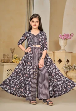 Digital Printed Muslin Cotton Crop Top Set in Fawn