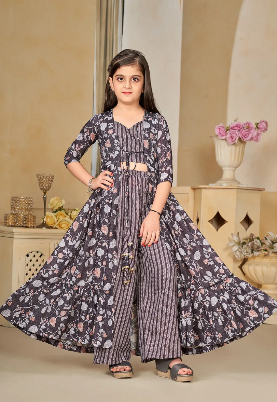 Digital Printed Muslin Cotton Crop Top Set in Fawn