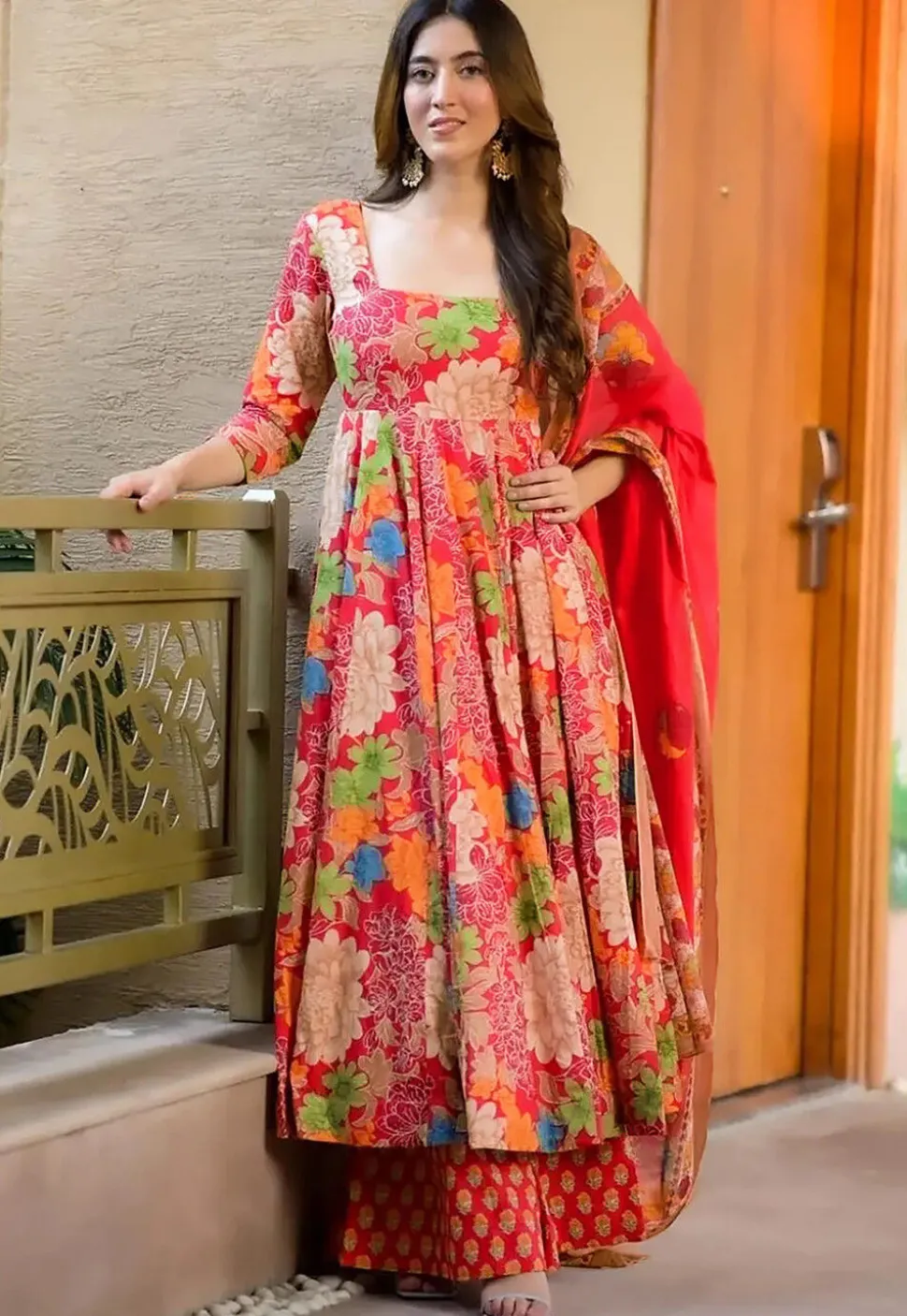 Digital Printed Muslin Cotton A Line suit in Red