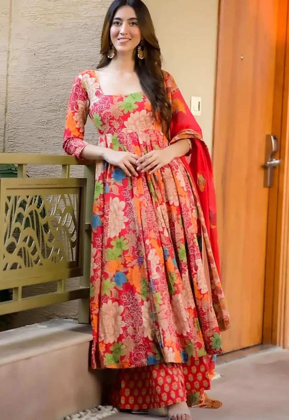 Digital Printed Muslin Cotton A Line suit in Red