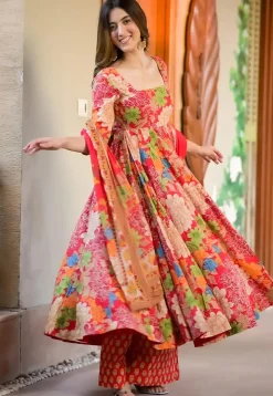 Digital Printed Muslin Cotton A Line suit in Red