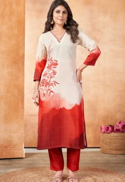 Digital Printed Muslin Cotton Straight Kurta Set in Off White