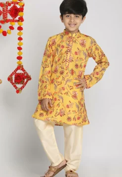 Digital Printed Muslin Cotton Kurta Set in Yellow