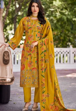 Digital Printed Muslin Silk Pakistani Suit in Mustard