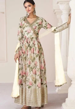 Digital Printed Muslin Silk Abaya Style Suit in Cream