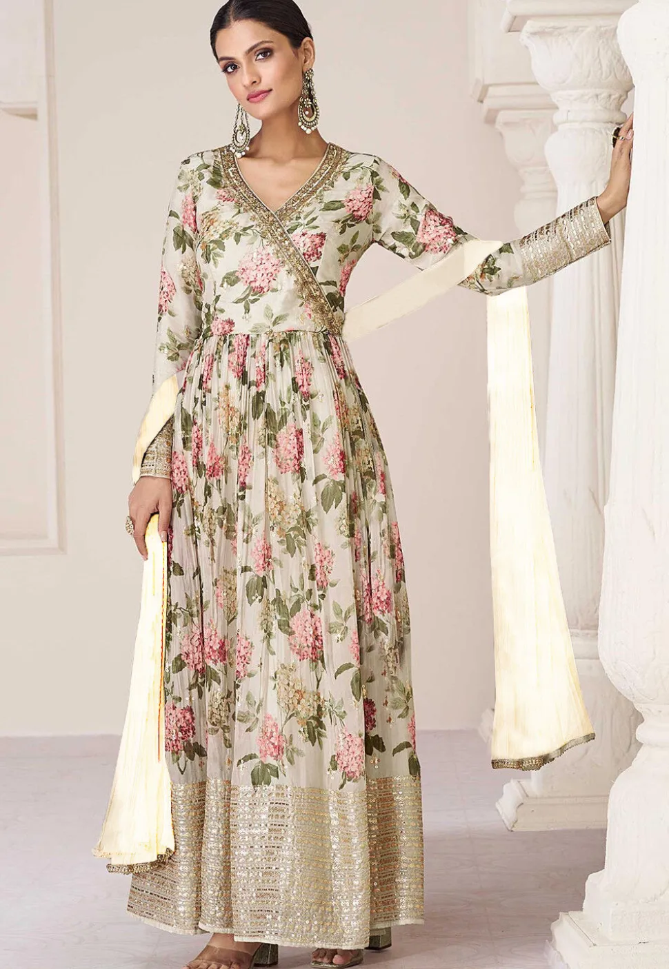 Digital Printed Muslin Silk Abaya Style Suit in Cream