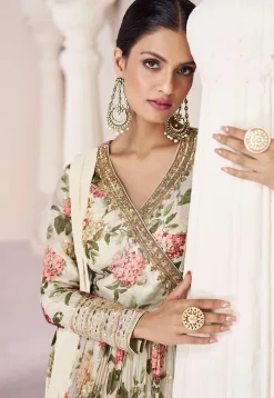 Digital Printed Muslin Silk Abaya Style Suit in Cream