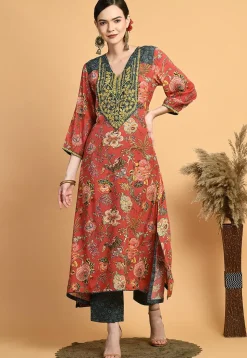 Digital Printed Muslin Silk A Line Kurta Set in Red