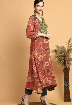 Digital Printed Muslin Silk A Line Kurta Set in Red