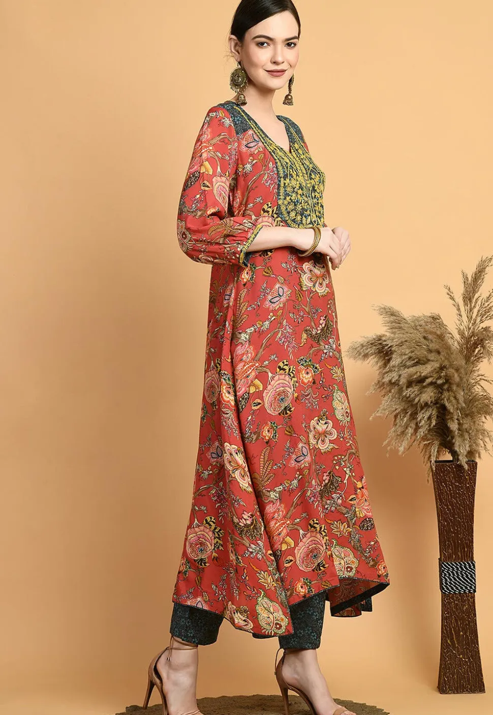 Digital Printed Muslin Silk A Line Kurta Set in Red