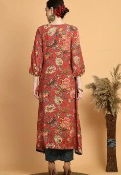 Digital Printed Muslin Silk A Line Kurta Set in Red