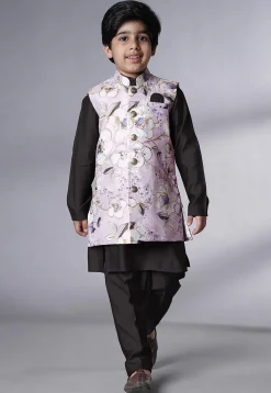 Digital Printed Muslin Silk Kurta Set in Black