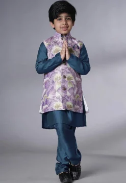 Digital Printed Muslin Silk Kurta Set in Teal Blue