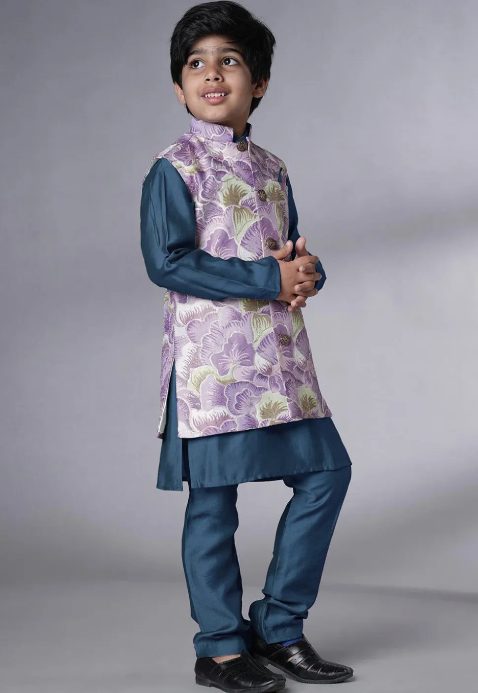 Digital Printed Muslin Silk Kurta Set in Teal Blue