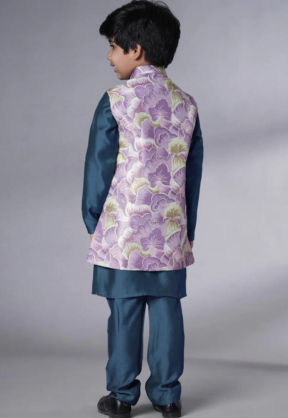 Digital Printed Muslin Silk Kurta Set in Teal Blue