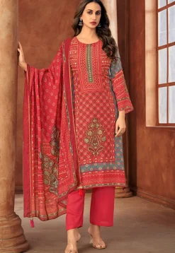 Digital Printed Muslin Silk Pakistani Suit in Red