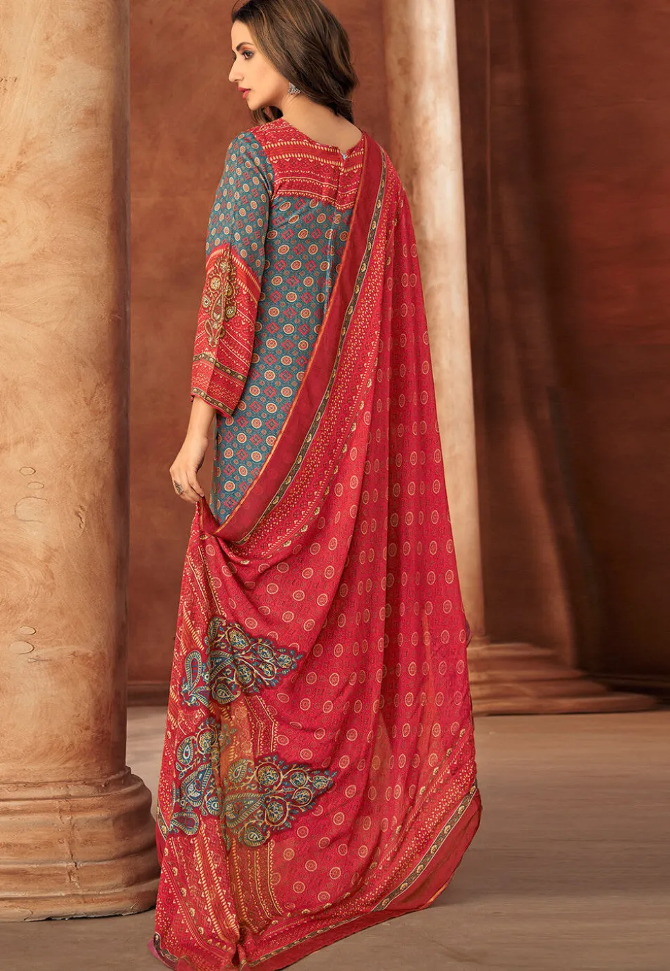 Digital Printed Muslin Silk Pakistani Suit in Red