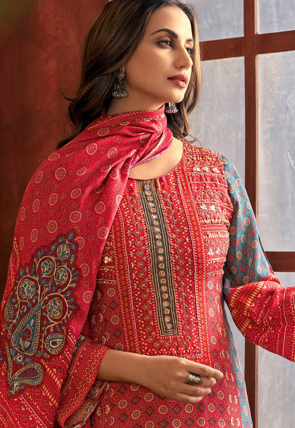 Digital Printed Muslin Silk Pakistani Suit in Red