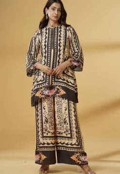 Digital Printed Muslin Silk A Line Kurti Set in Brown