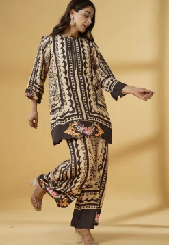 Digital Printed Muslin Silk A Line Kurti Set in Brown