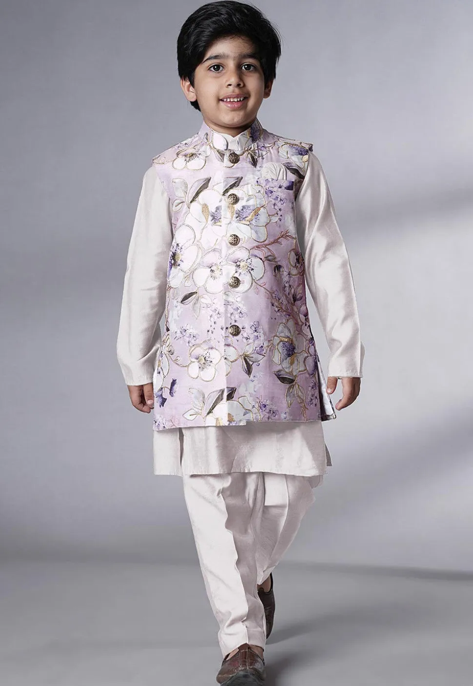 Digital Printed Muslin Silk Kurta Set in White