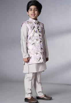 Digital Printed Muslin Silk Kurta Set in White