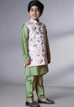 Digital Printed Muslin Silk Kurta Set in Dusty Green
