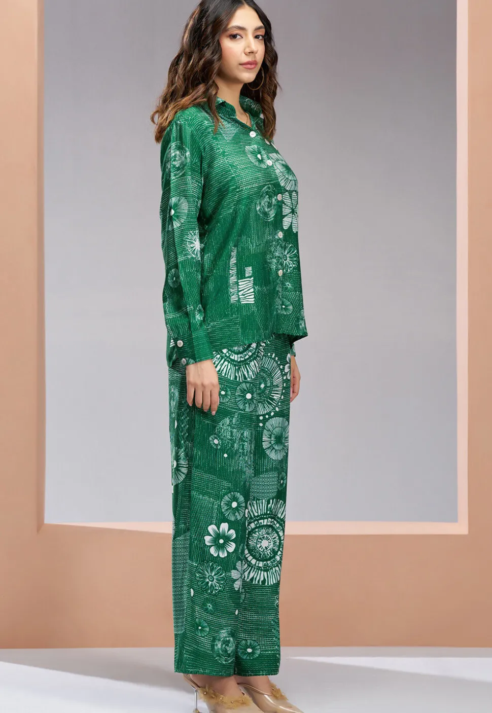 Digital Printed Muslin Silk Top Set in Green