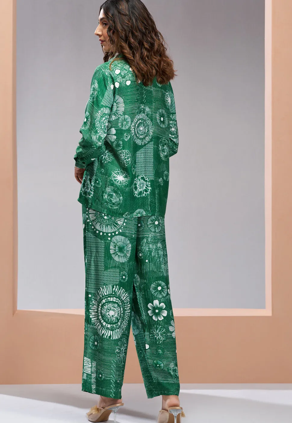 Digital Printed Muslin Silk Top Set in Green