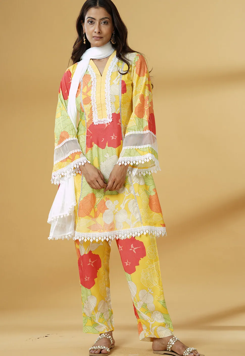 Digital Printed Muslin Silk A Line Suit in Multicolor