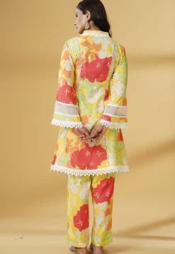 Digital Printed Muslin Silk A Line Suit in Multicolor