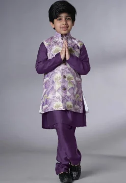 Digital Printed Muslin Silk Kurta Set in Dark Purple