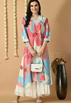 Digital Printed Muslin Silk Straight Kurta Set in Multicolor