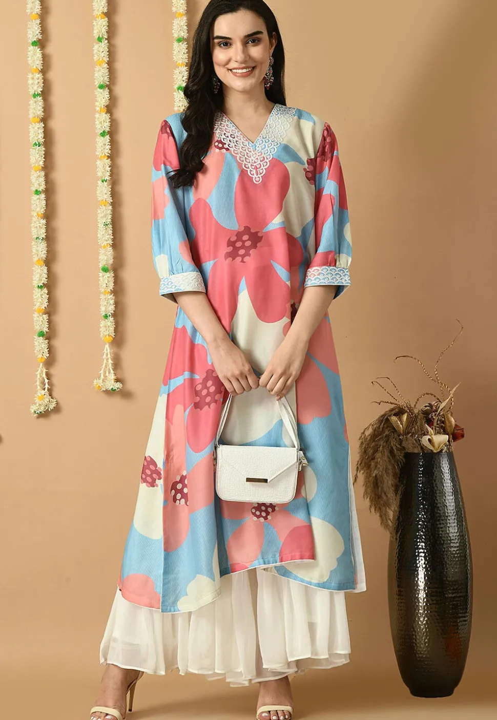 Digital Printed Muslin Silk Straight Kurta Set in Multicolor