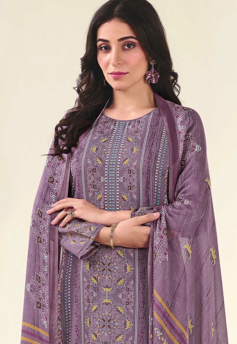 Digital Printed Muslin Silk Pakistani Suit in Purple