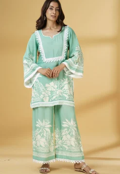 Digital Printed Muslin Silk Straight Kurti Set in Light Green