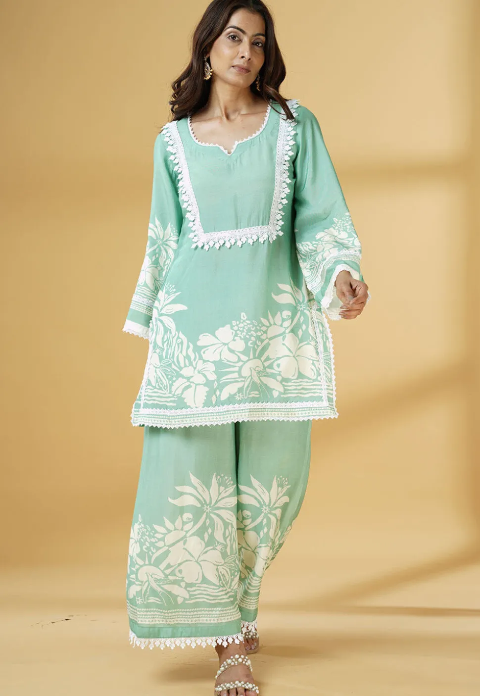 Digital Printed Muslin Silk Straight Kurti Set in Light Green