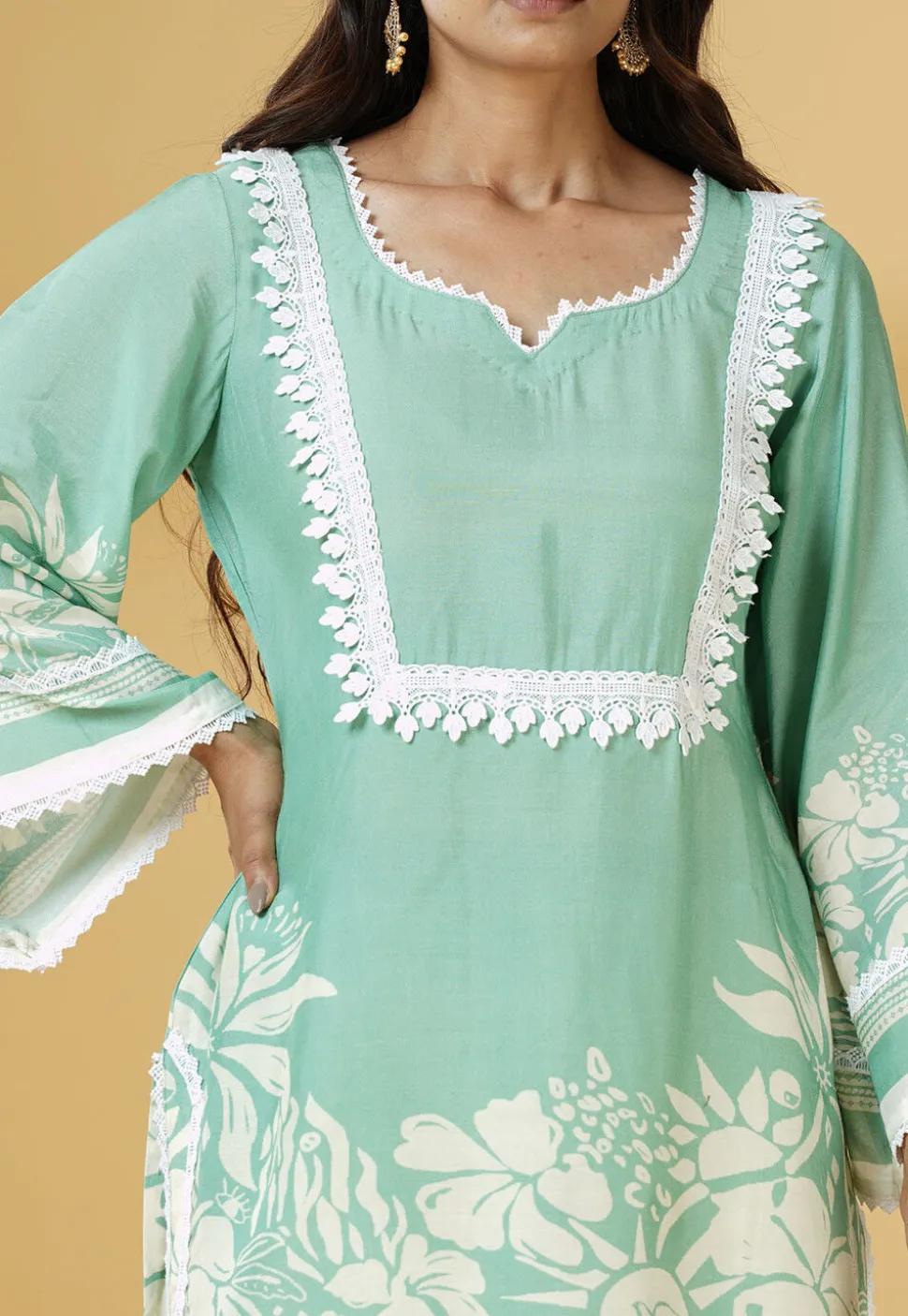 Digital Printed Muslin Silk Straight Kurti Set in Light Green