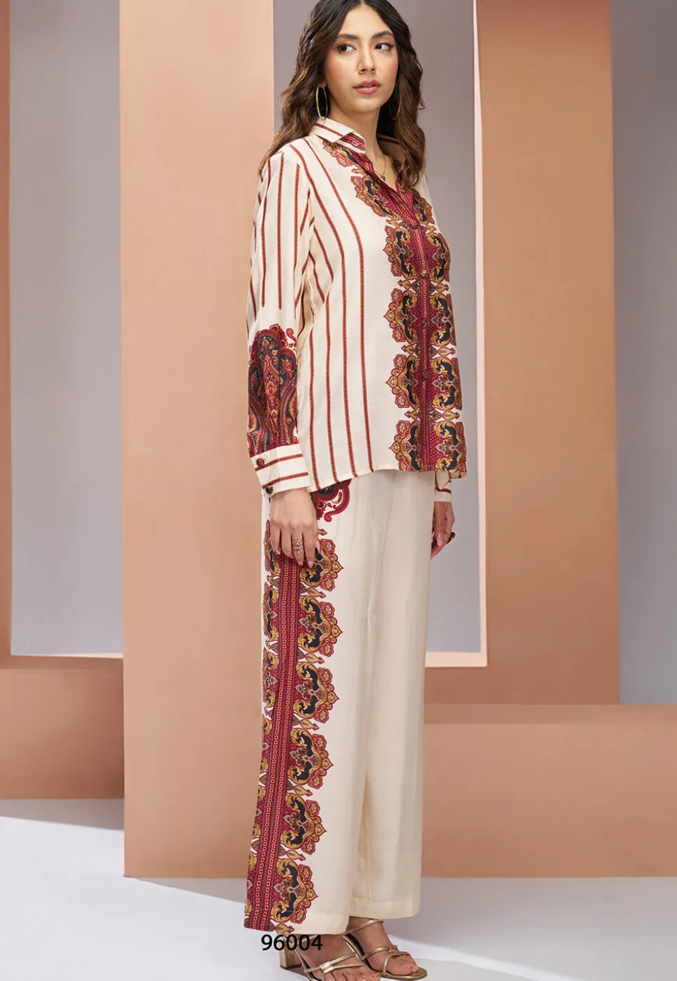 Digital Printed Muslin Silk Top Set in Off White