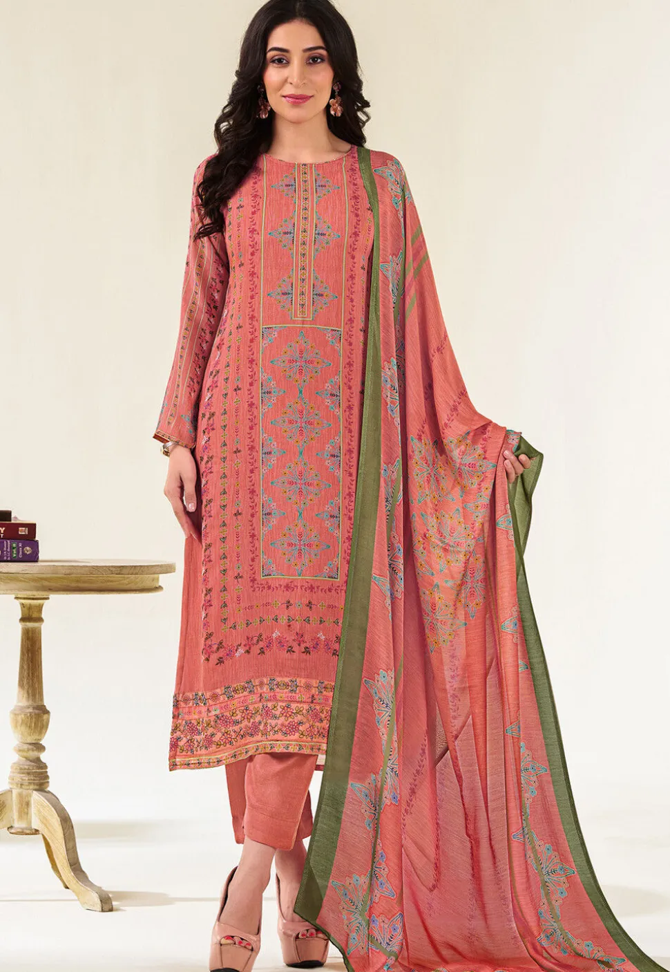 Digital Printed Muslin Silk Pakistani Suit in Peach