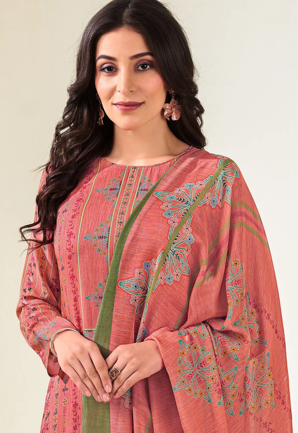 Digital Printed Muslin Silk Pakistani Suit in Peach