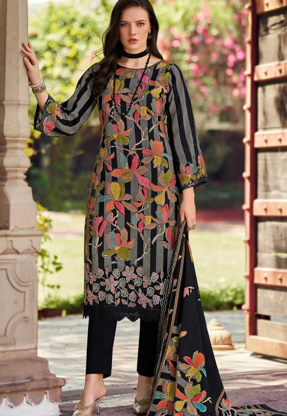 Digital Printed Muslin Silk Pakistani Suit in Black
