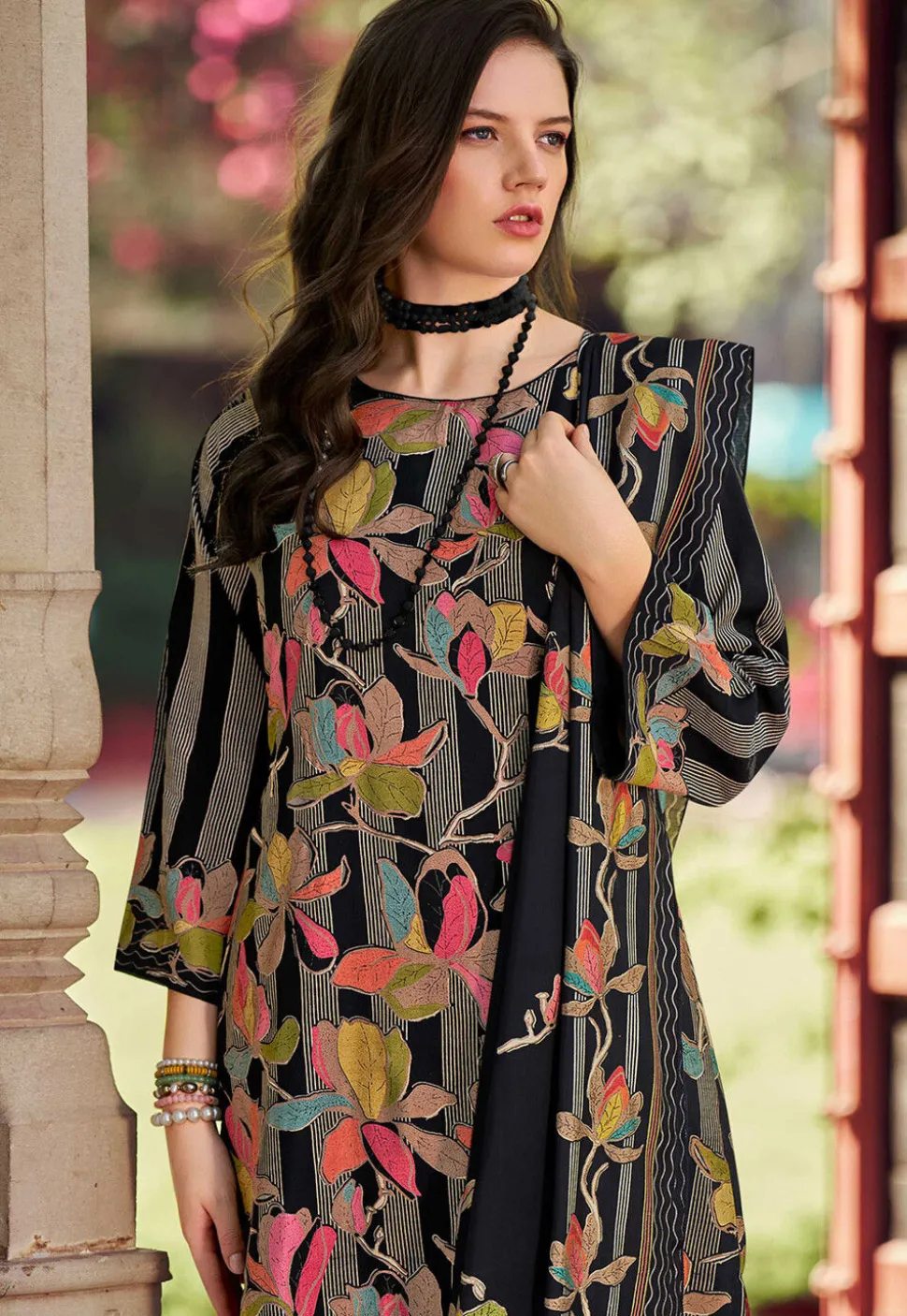 Digital Printed Muslin Silk Pakistani Suit in Black