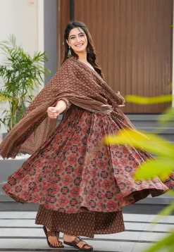 Digital Printed Muslin Silk Pakistani Suit in Brown