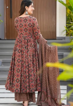 Digital Printed Muslin Silk Pakistani Suit in Brown