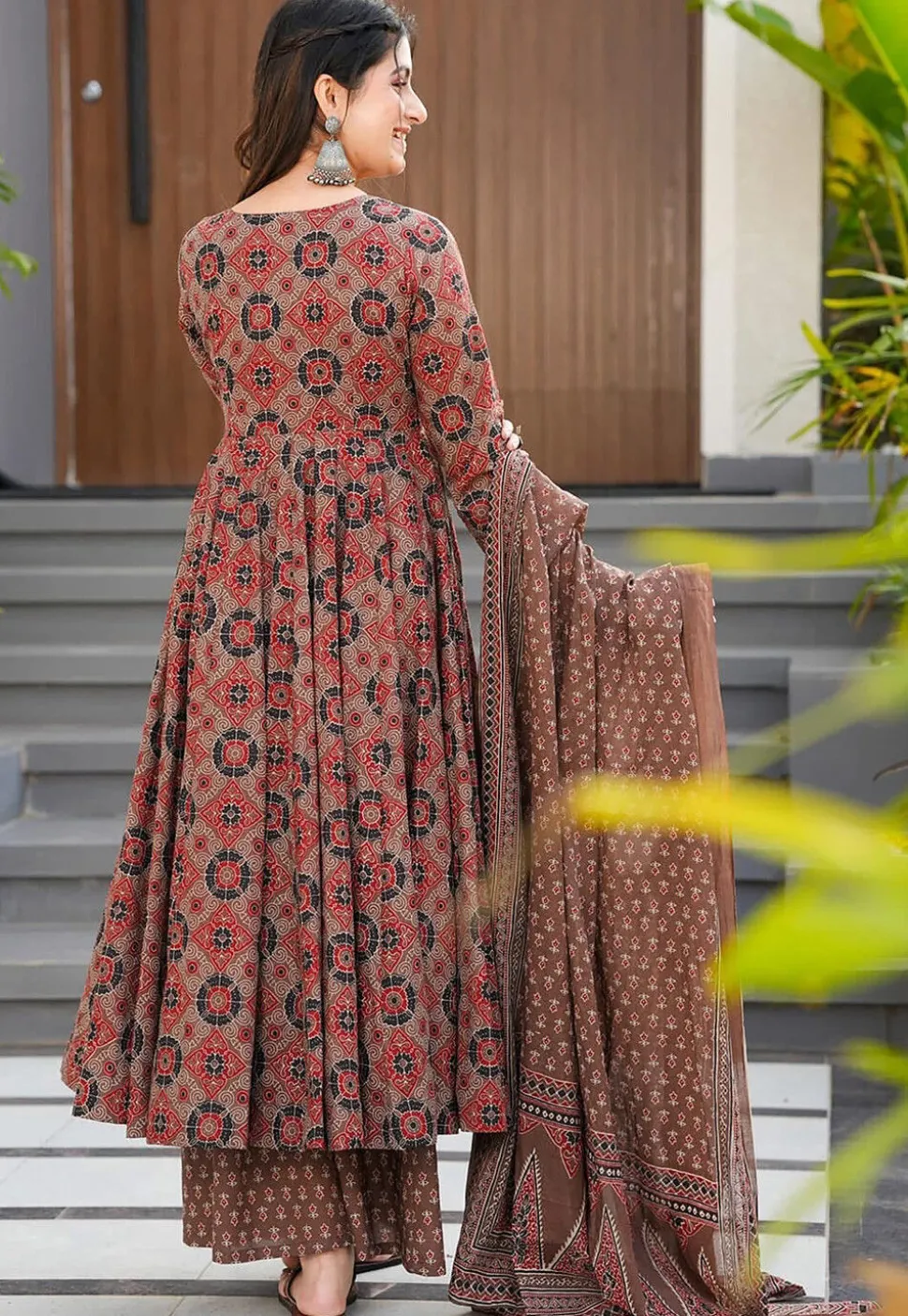 Digital Printed Muslin Silk Pakistani Suit in Brown
