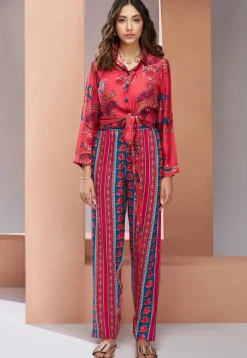 Digital Printed Muslin Silk Crop Top Set in Red