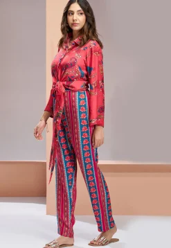 Digital Printed Muslin Silk Crop Top Set in Red